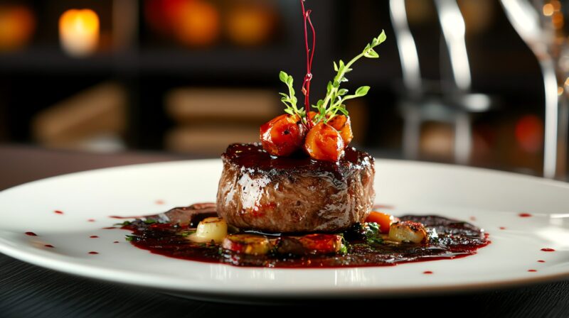 A Beautifully Plated Steak With A Red Wine Sauce And Garnished With Herbs And Roasted Vegetables. A Beautifully Plated Steak With A Red Wine Sauce And Garnished With Herbs And Roasted Vegetables.
